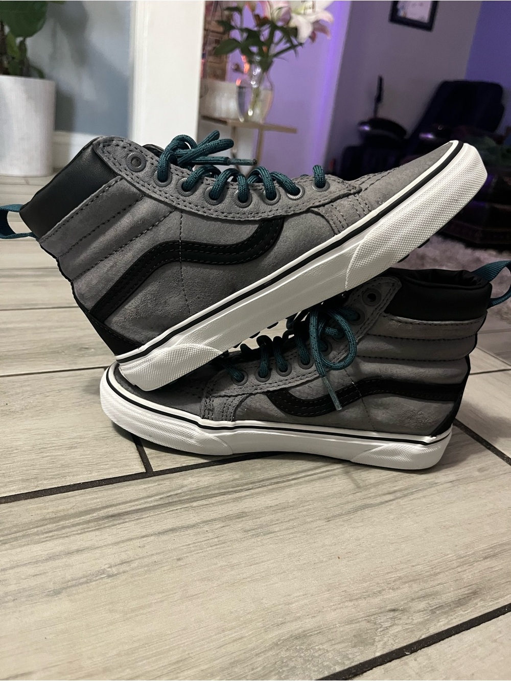 Vans High-Top Skate Sneakers in Gray with Teal Accents